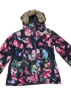ROXY Women's Warm Black/Pink Floral Ski/Snowboard Fur Winter Jacket Coat Hoodie